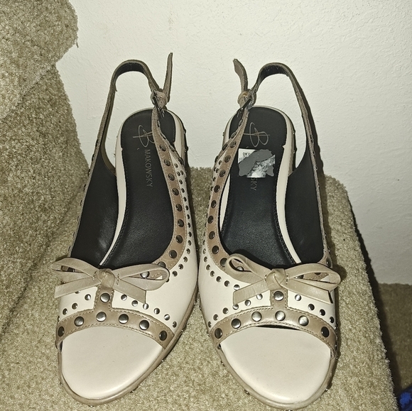 b. makowsky Shoes - B Makowsky Sami Women's Deep Ivory/Brown Leather Peep Toe Sling Back Wedge